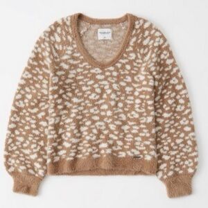 Abercrombie & Fitch Brown Leopard Print Fuzzy V-Neck Sweater